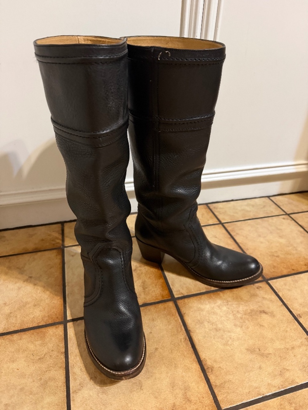 Frye Jane Stitch Extended Calf Boots — Black — Size 9